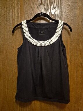 Talbots Black Tank with Ivory Beaded Scoop Neck Size SP